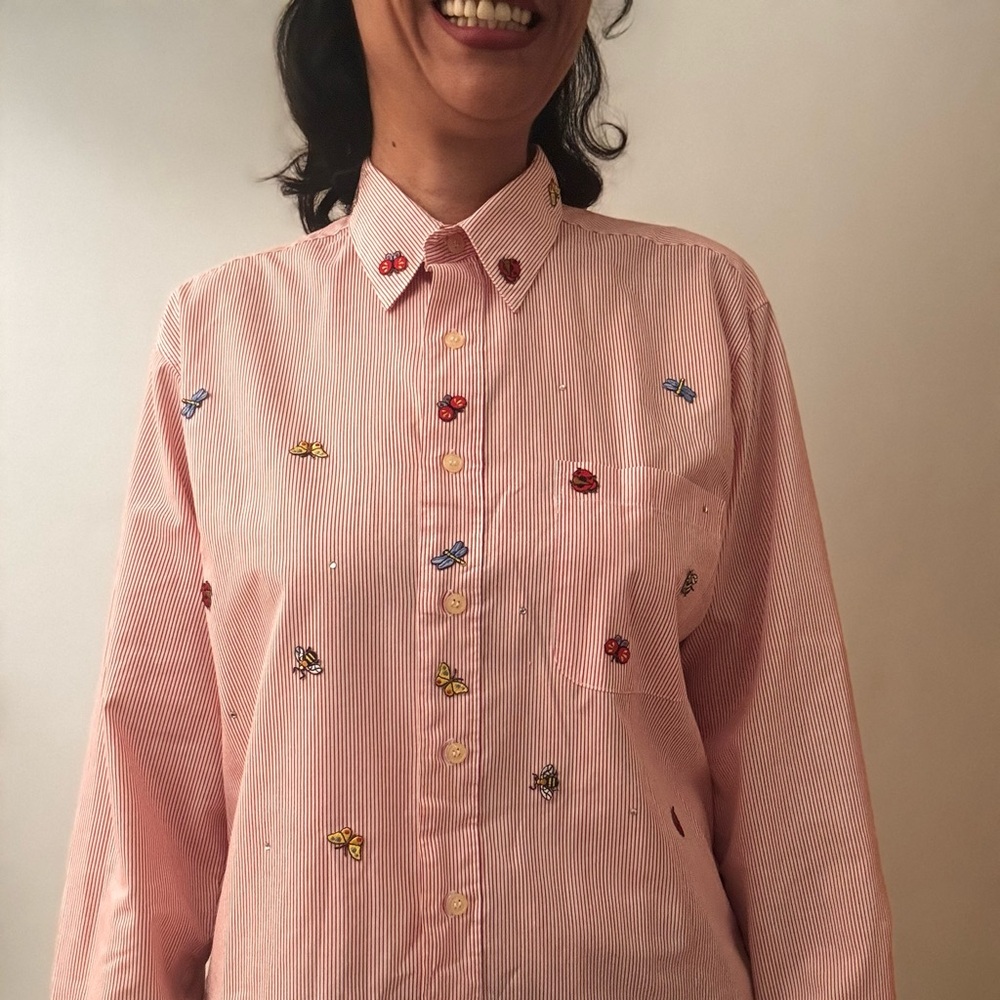 MiLi Designs Swarovski Crystals and embroidered colorful bugs , pinstripes